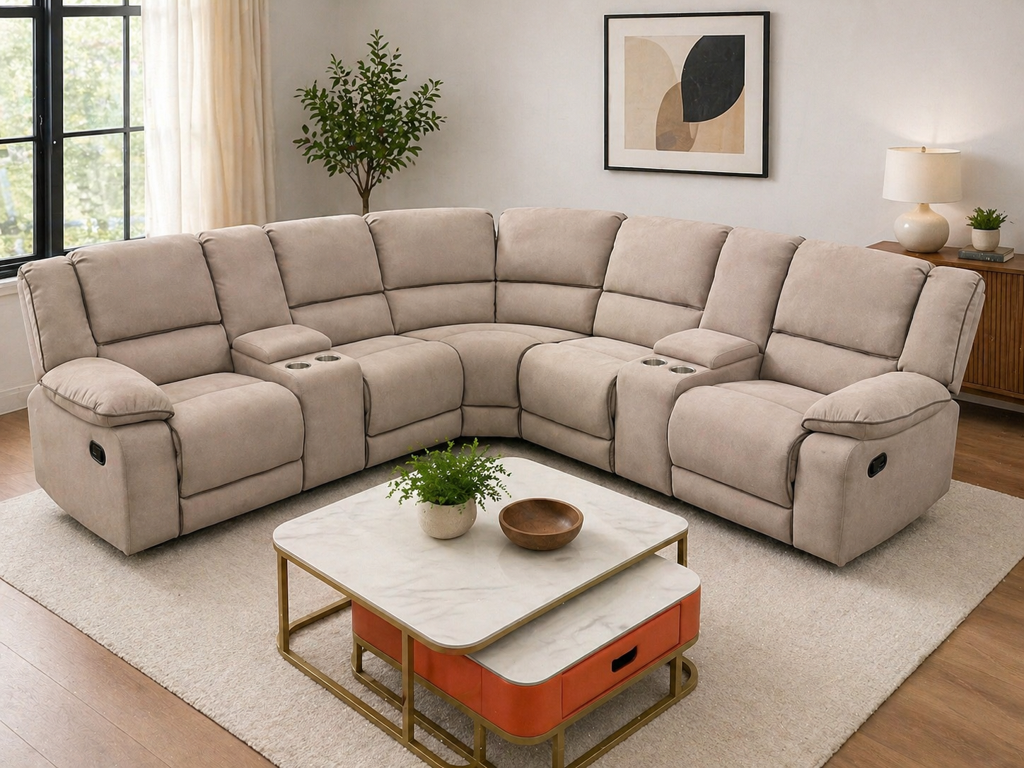Beige Reclining Corner Sofa