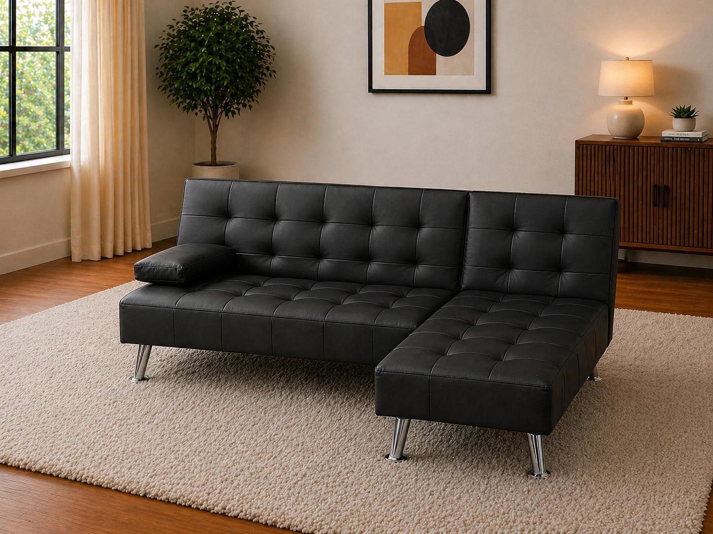 Black Leather Tufted Sectional Sofa