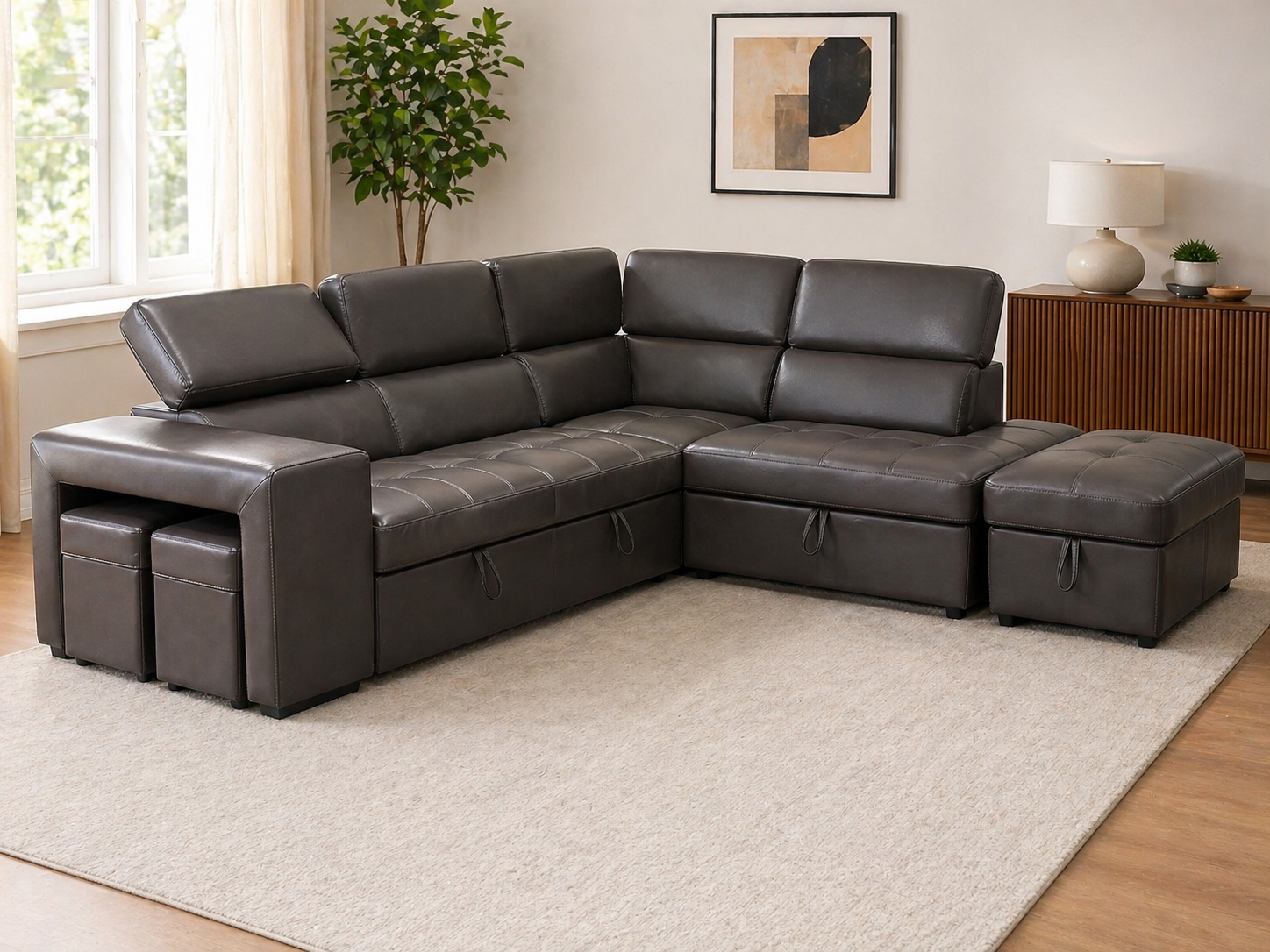 Leather Sectional Sofa with Ottoman & Storage